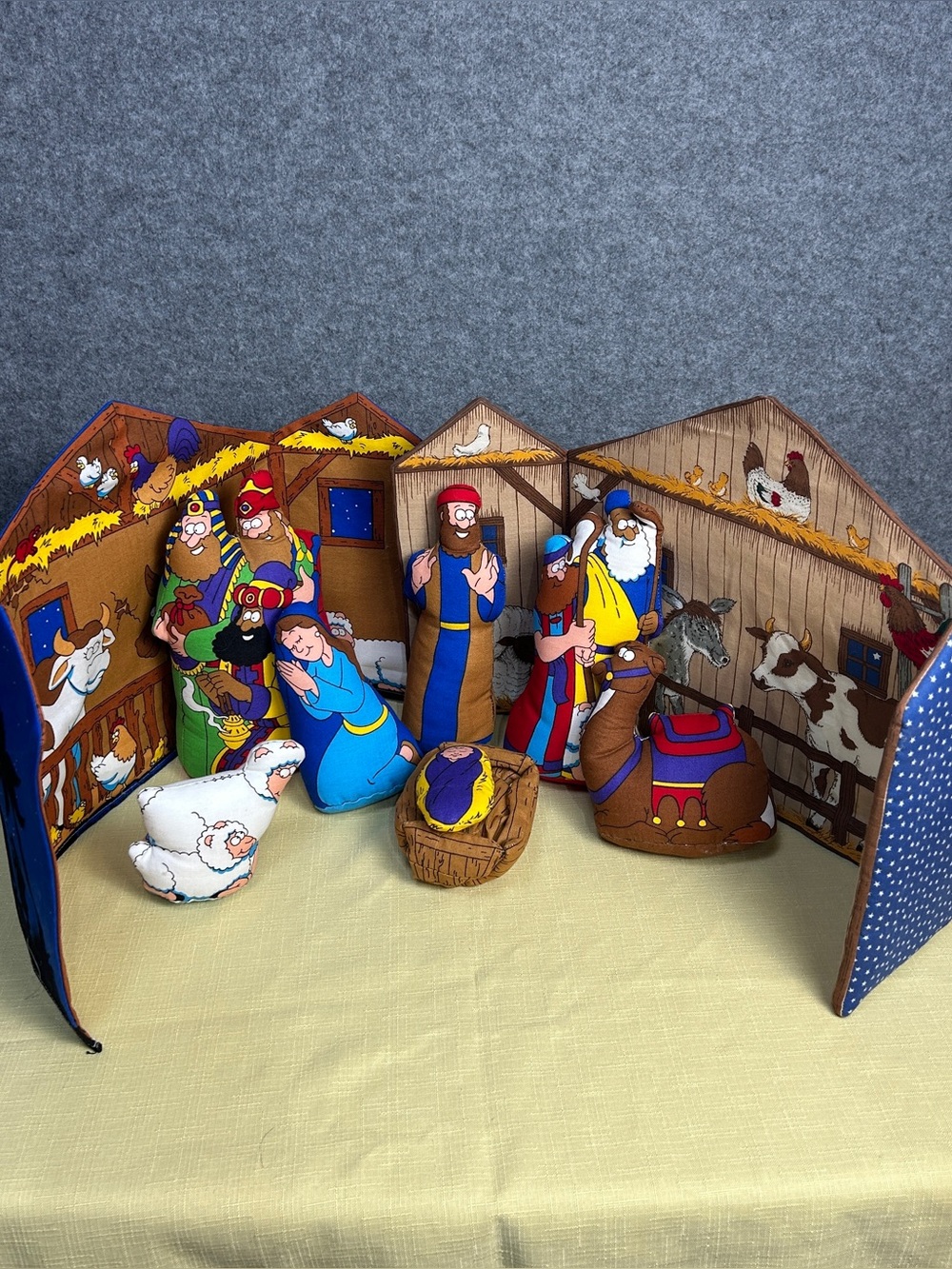 VTG Handmade Plush Fabric Nativity Set Colorful Holiday Christmas Interactive